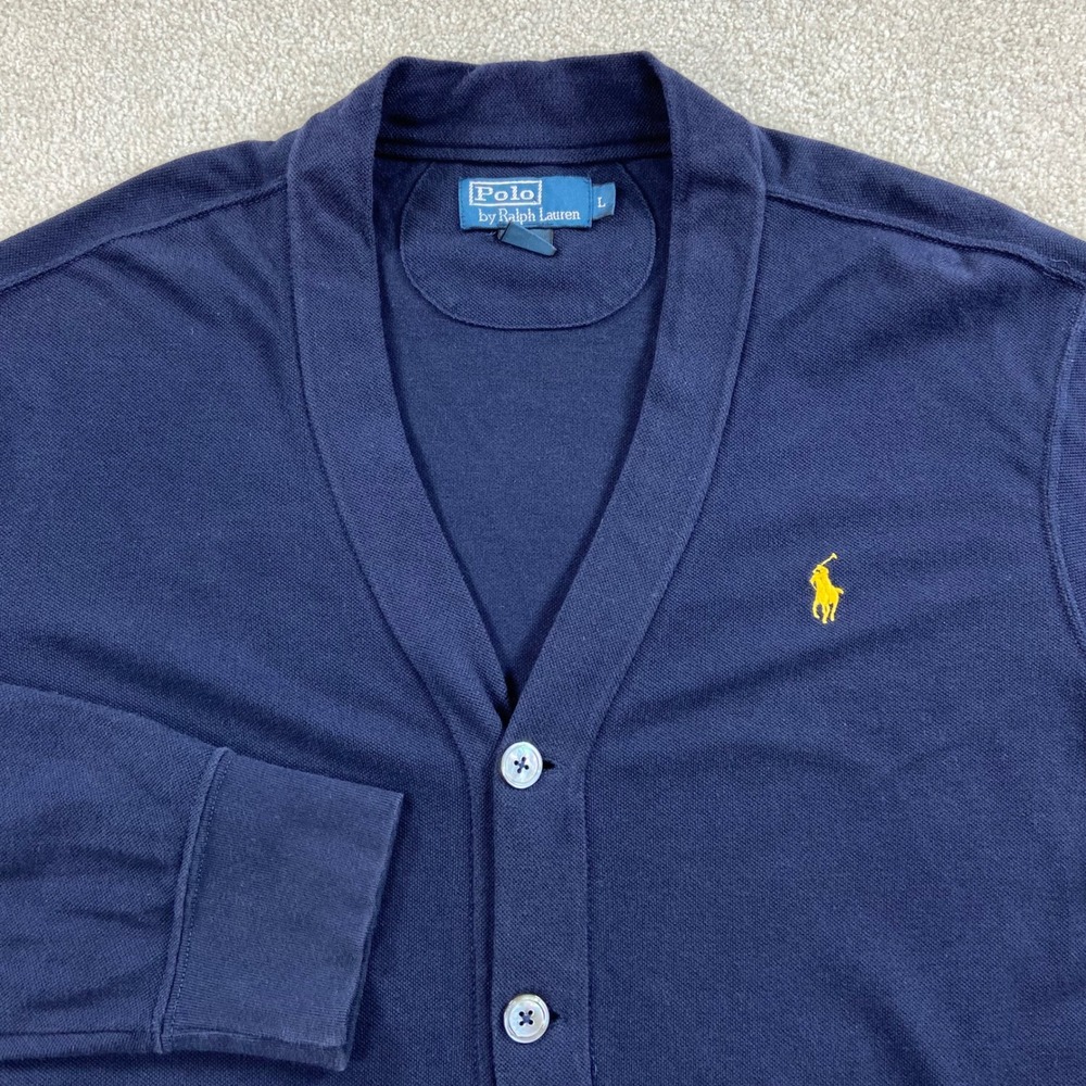 Polo Ralph Lauren Cardigan Mens Large Navy Blue Cotton Pique Shawl Collar Pony